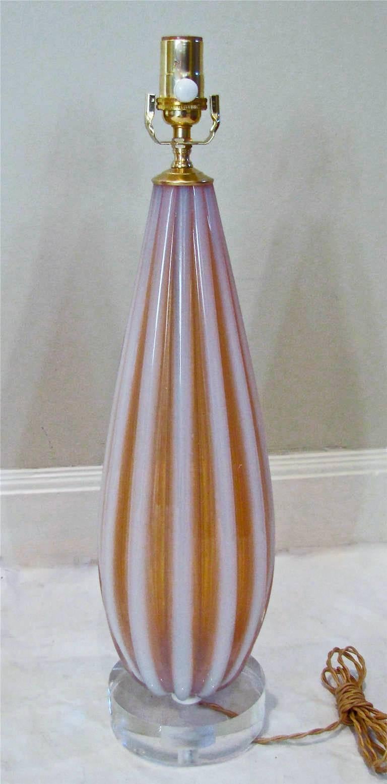 Acrylic Pair Murano Italian Opalescent Ribbed Glass Table Lamps by Toso