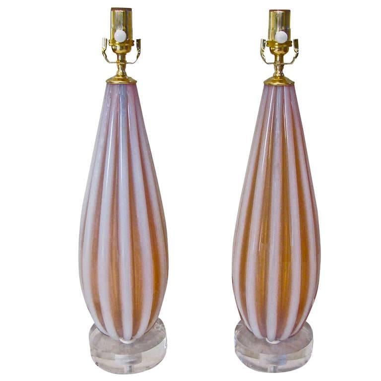 Pair Murano Italian Opalescent Ribbed Glass Table Lamps by Toso 4