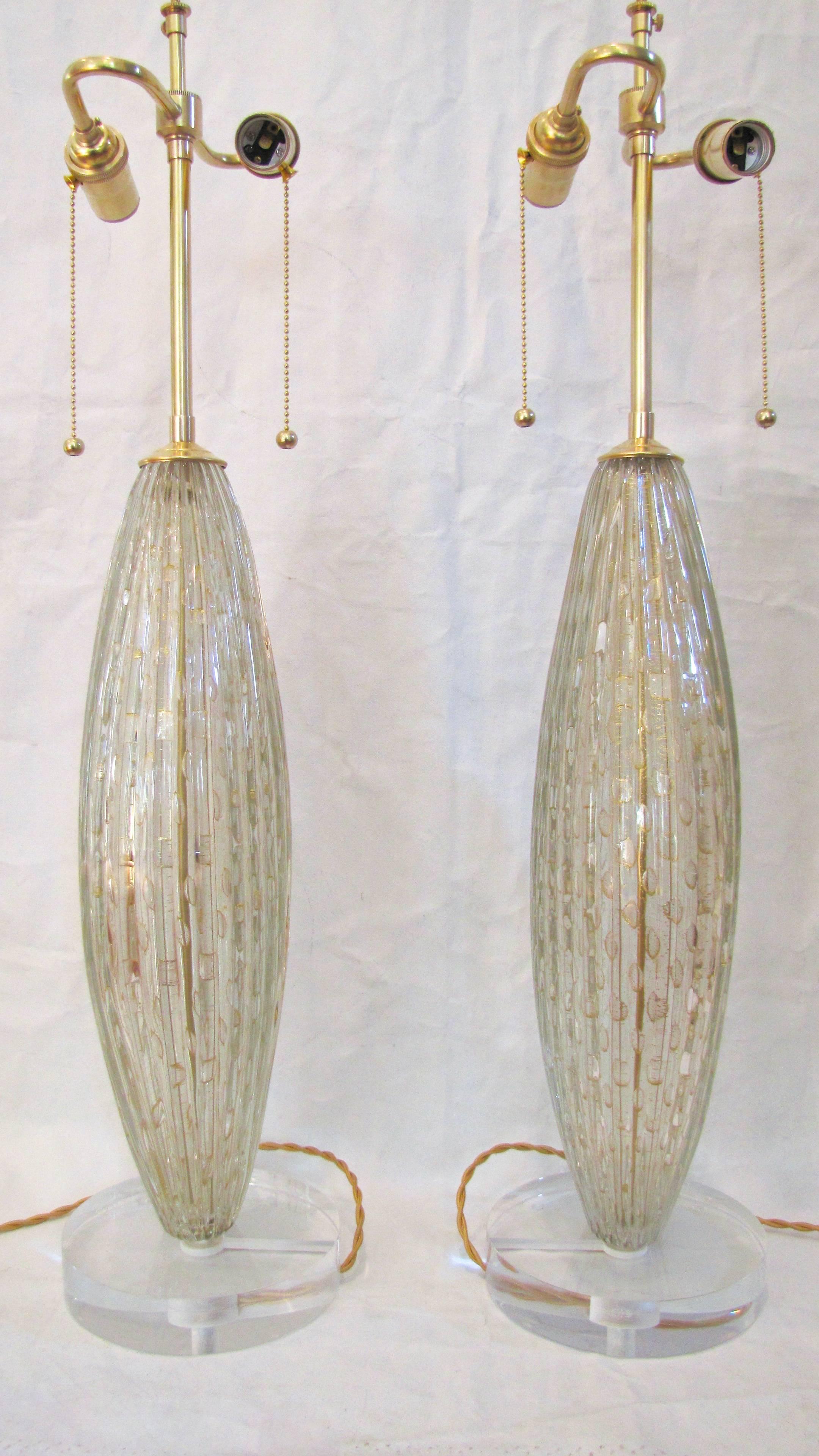 Mid-20th Century Pair Monumental Barovier Murano Oval Table Lamps With Gold Inclusions
