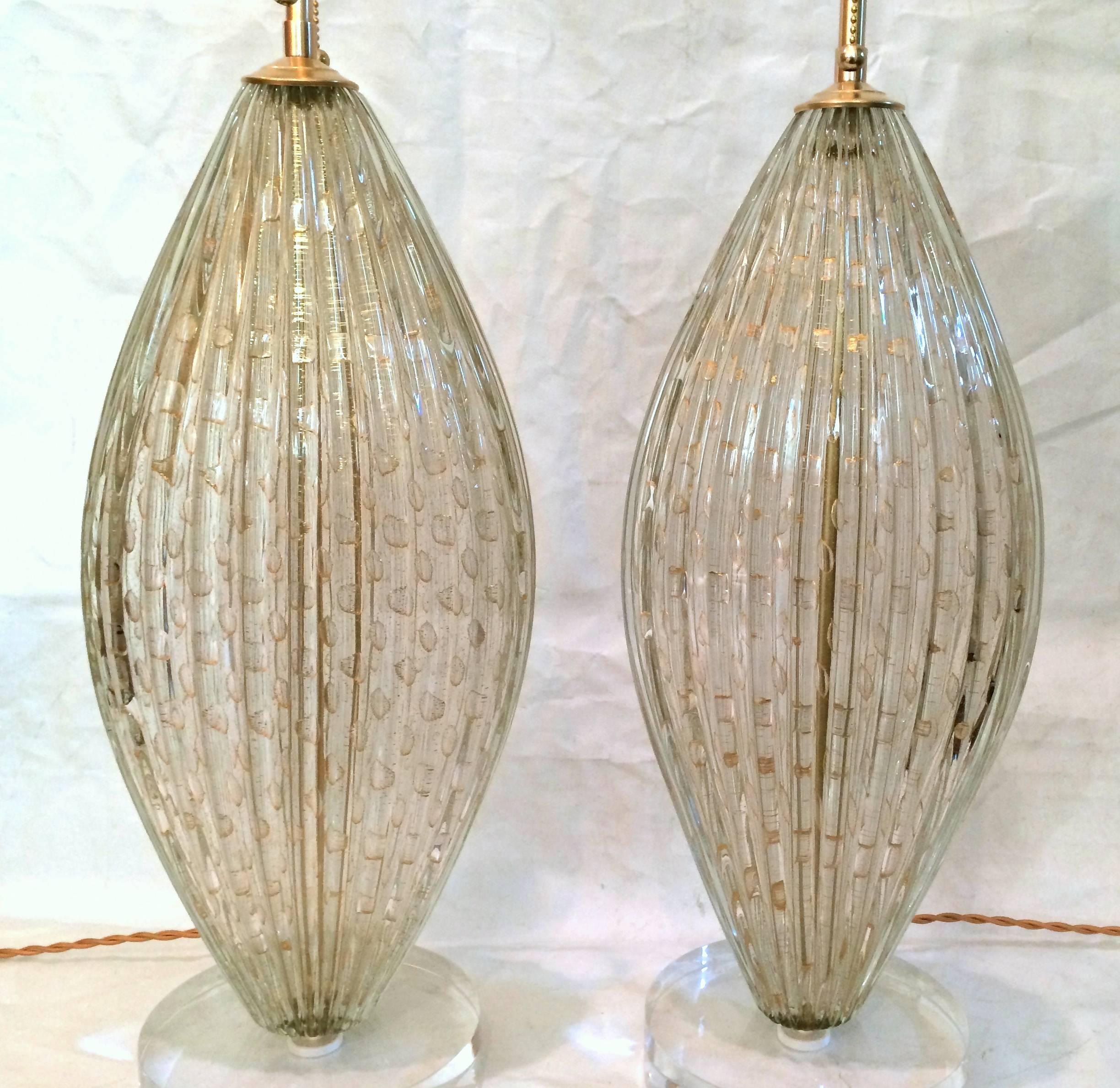 Acrylic Pair Monumental Barovier Murano Oval Table Lamps With Gold Inclusions