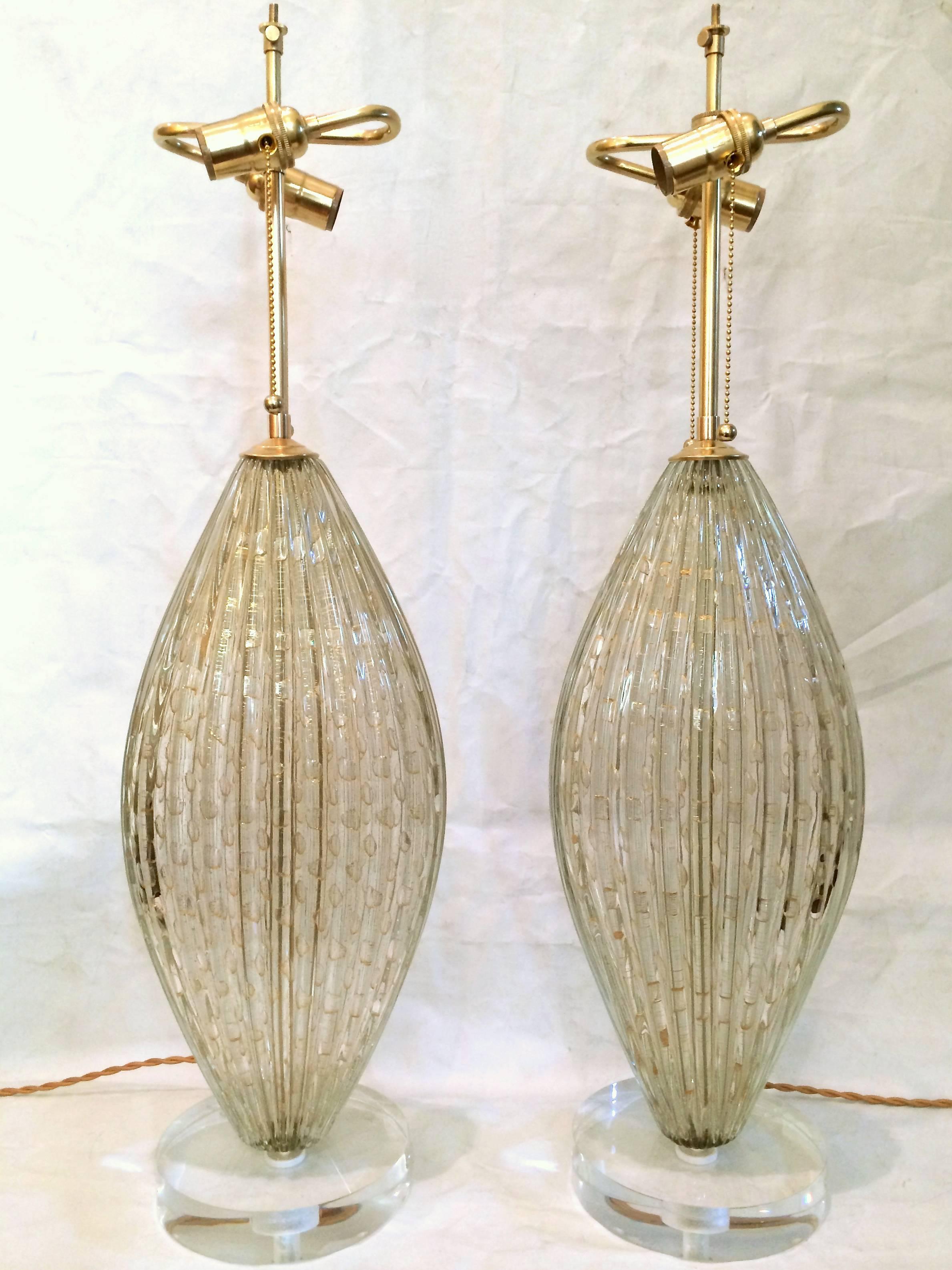 Pair Monumental Barovier Murano Oval Table Lamps With Gold Inclusions In Excellent Condition In Palm Springs, CA