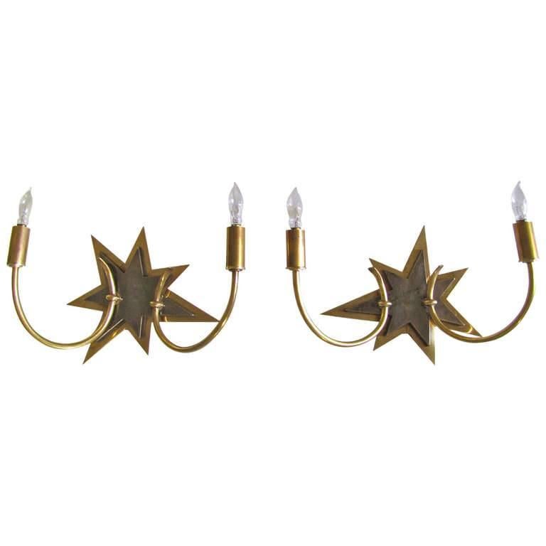 French Moderne Pair of Star Motif Brass Sconces For Sale 6