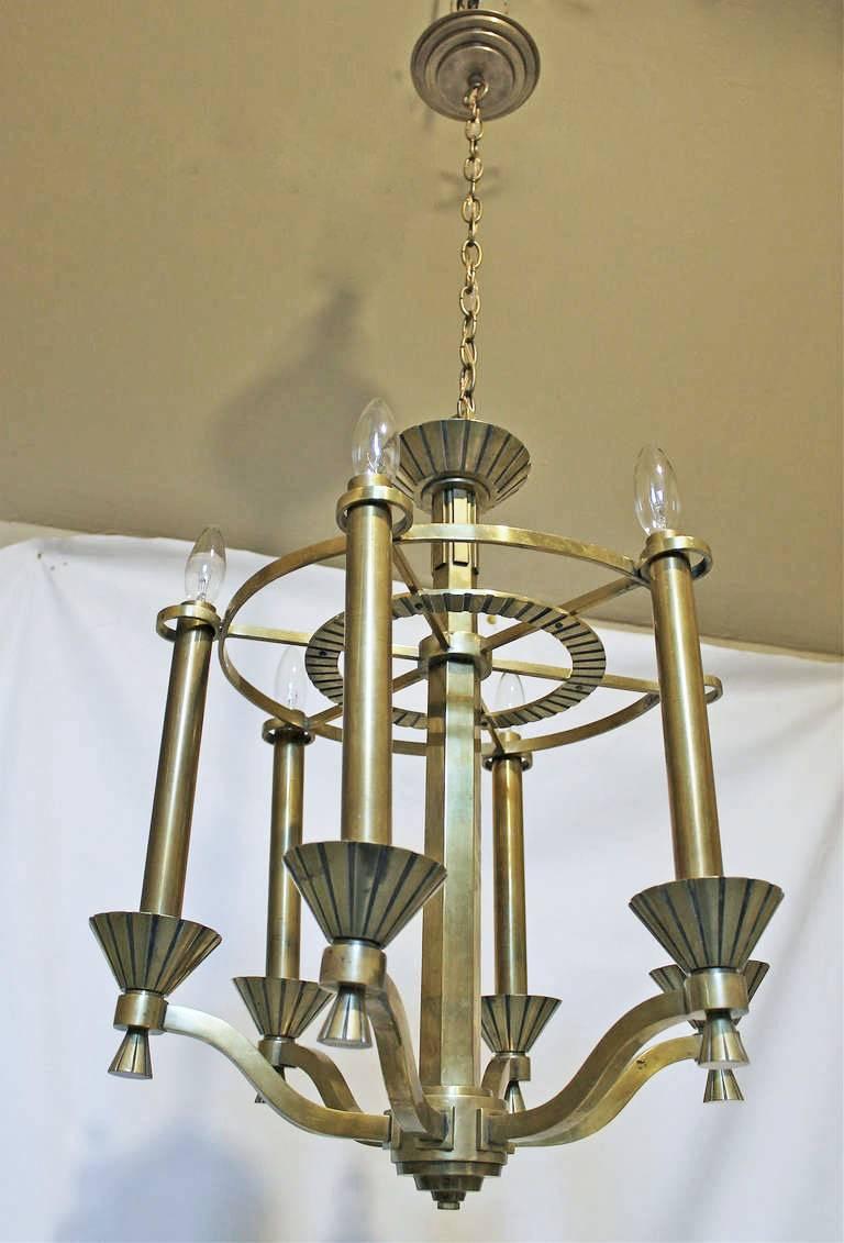 French Deco Brass 6 light Chandelier For Sale 5