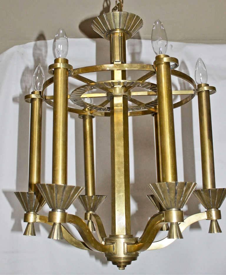 French Deco Brass 6 light Chandelier For Sale 4