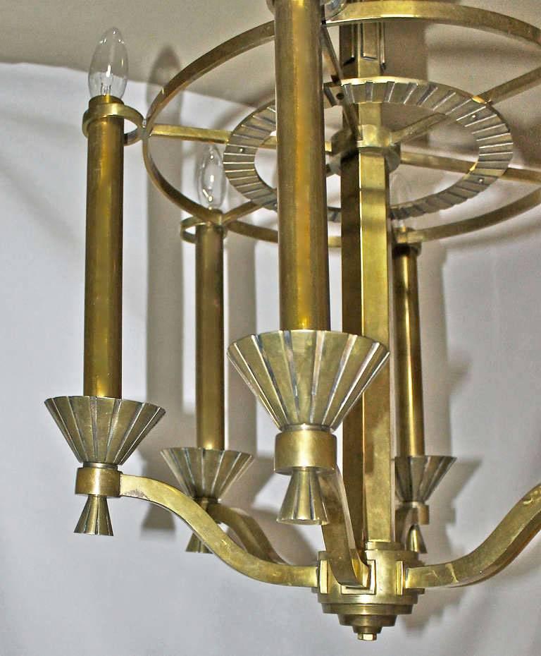French Deco Brass 6 light Chandelier In Good Condition For Sale In Dallas, TX