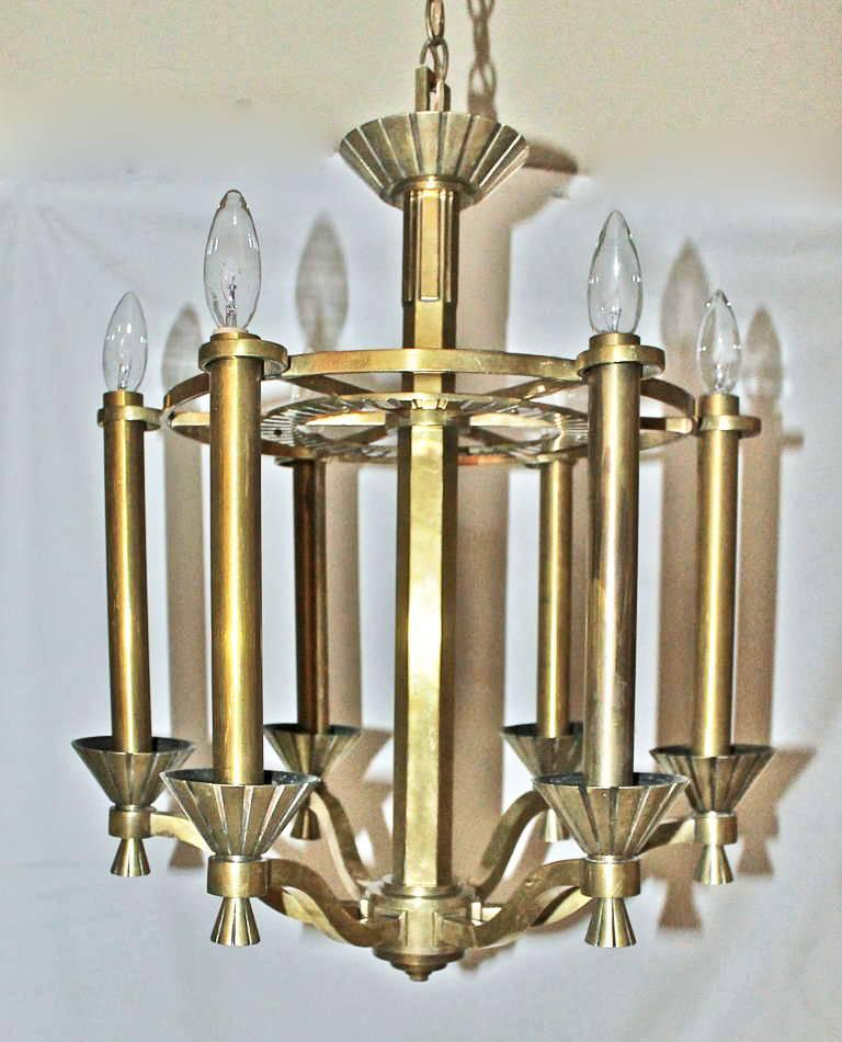 Mid-20th Century French Deco Brass 6 light Chandelier For Sale