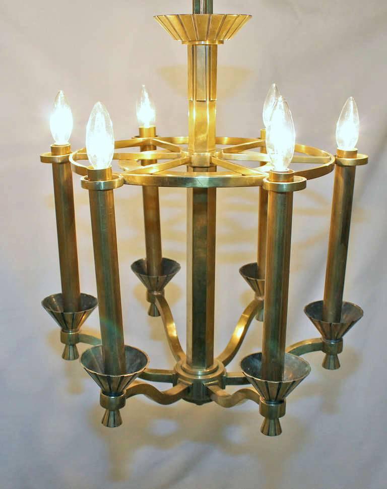French Deco Brass 6 light Chandelier For Sale 1