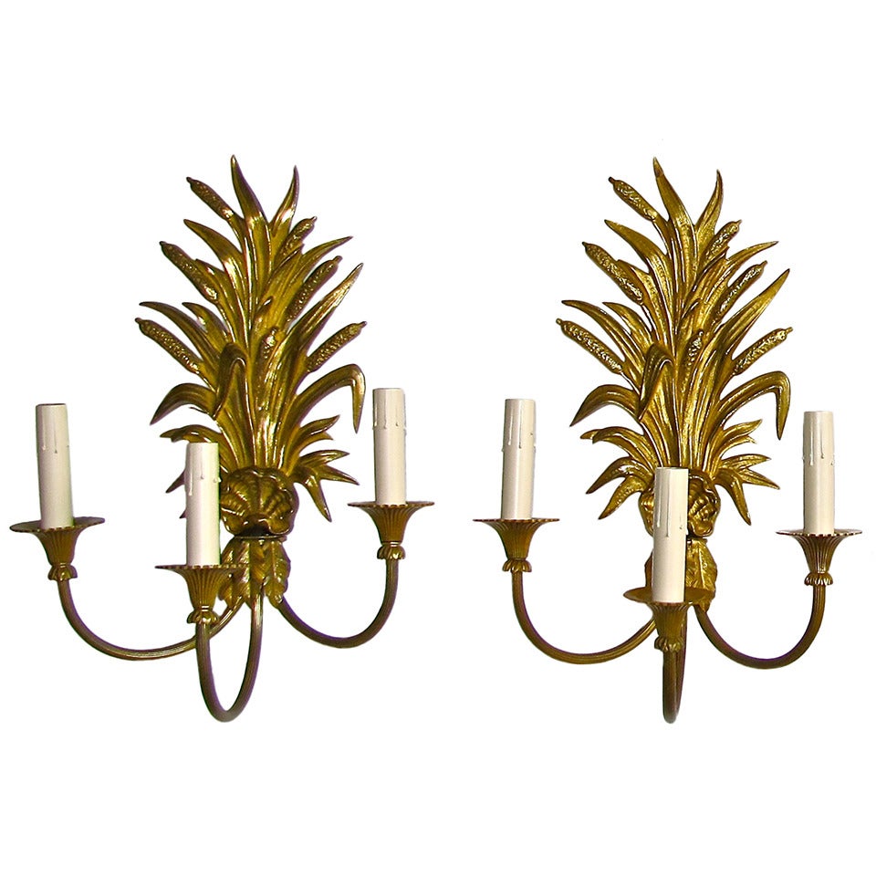 Maison Charles French Wheat Roseaux Gilt Bronze Wall Sconces 15