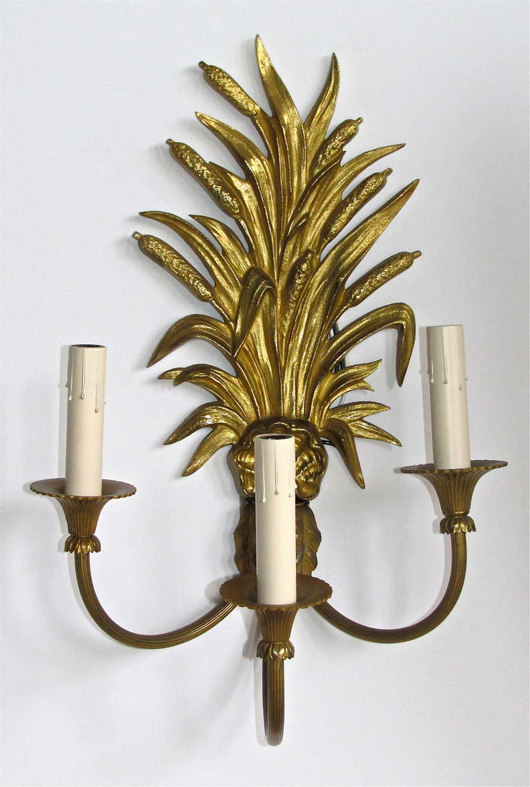 Maison Charles French Wheat Roseaux Gilt Bronze Wall Sconces 8