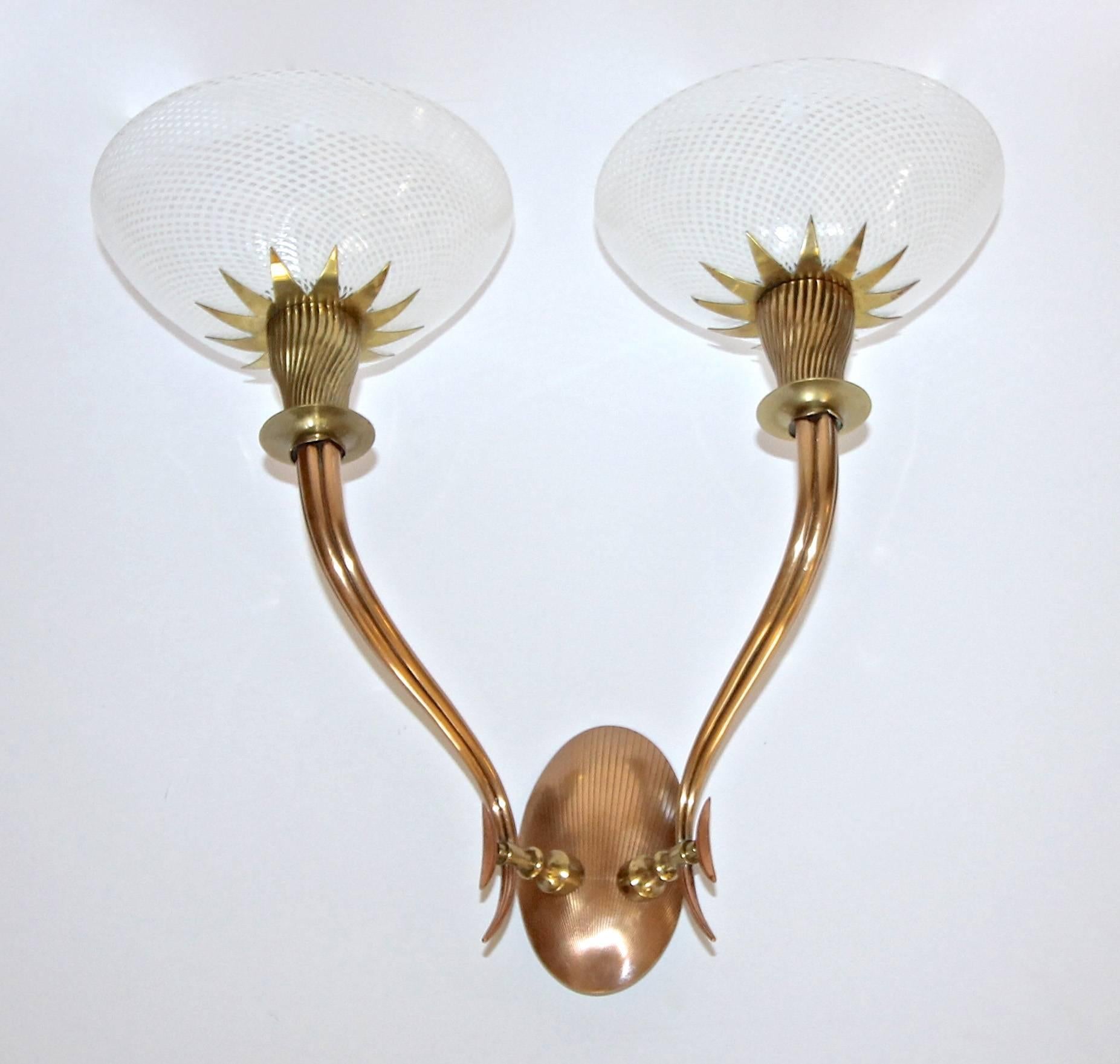 Brass Pair of Venini Murano Deco Mezza Filigrana Glass Sconces