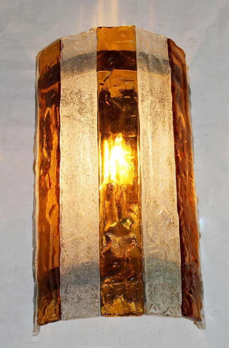 Mid-20th Century Pair of Large Italian Amber and Clear Glass Wall Sconces