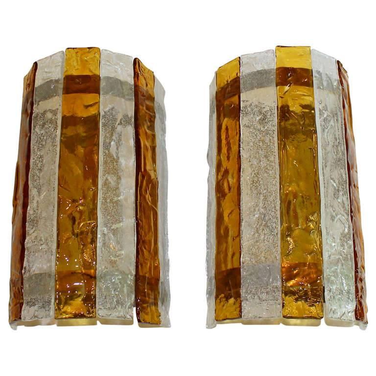 Pair of Large Italian Amber and Clear Glass Wall Sconces 1
