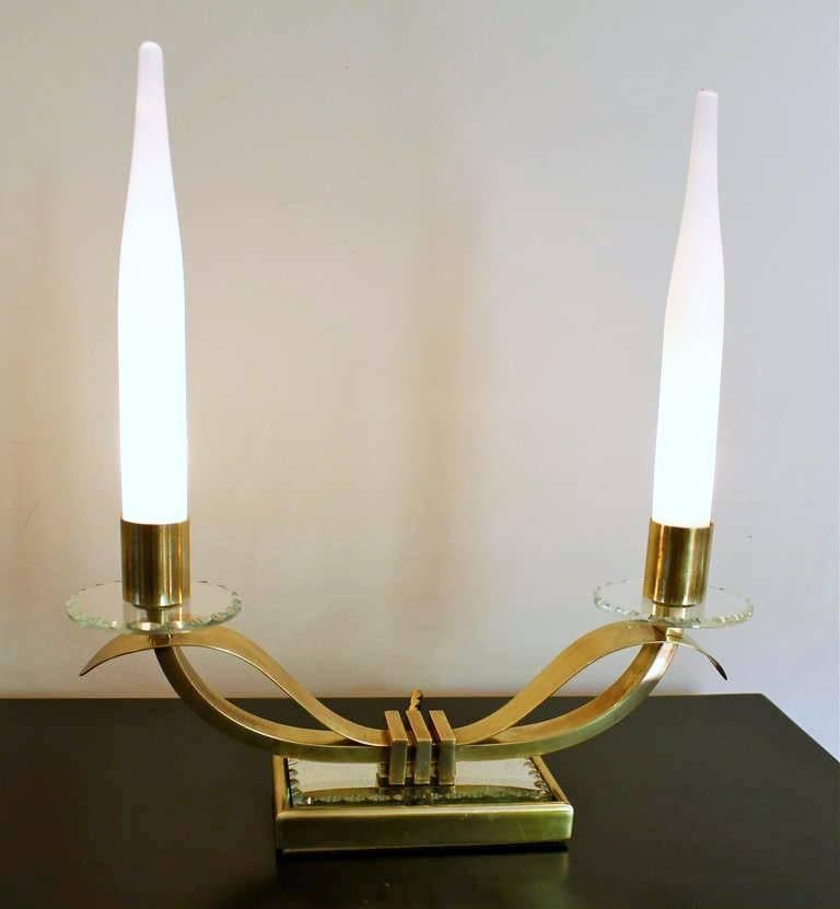 Brass Exquisite Pair of Jules Leleu Style French Mantle Lamps