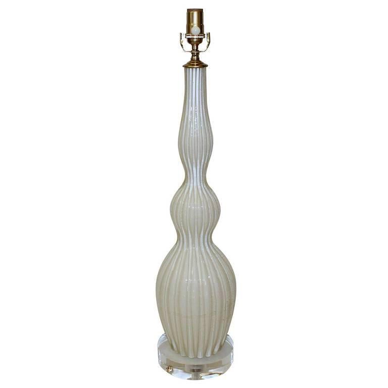 Brass Tall Murano White Glass Table Lamp with Gold Inclusions