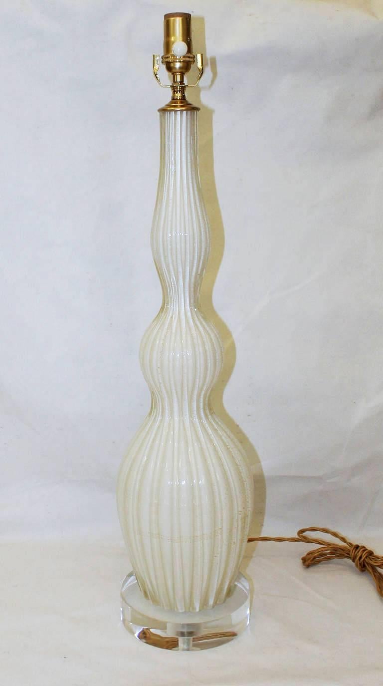 Italian Tall Murano White Glass Table Lamp with Gold Inclusions