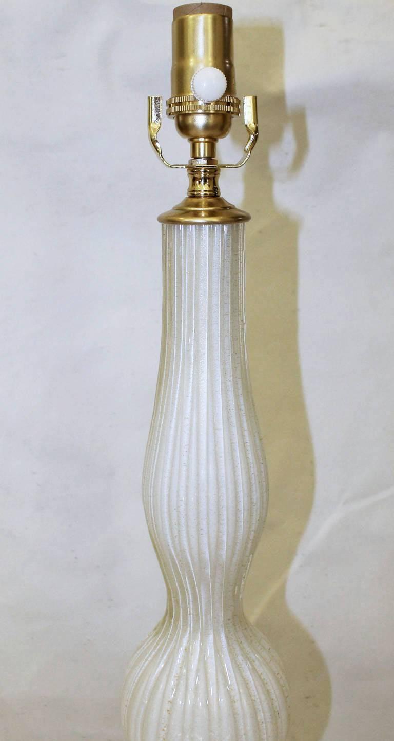 Mid-20th Century Tall Murano White Glass Table Lamp with Gold Inclusions