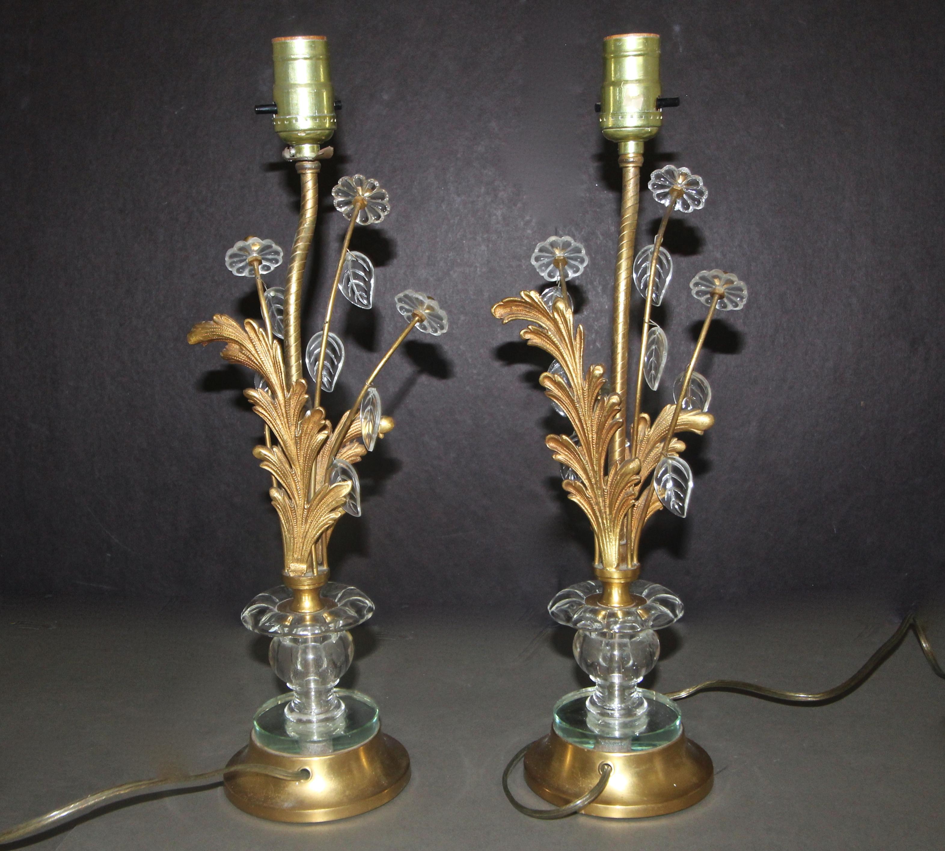 Mid-20th Century Pair of Baguès Style French Brass Flower and Leaf Table Lamps