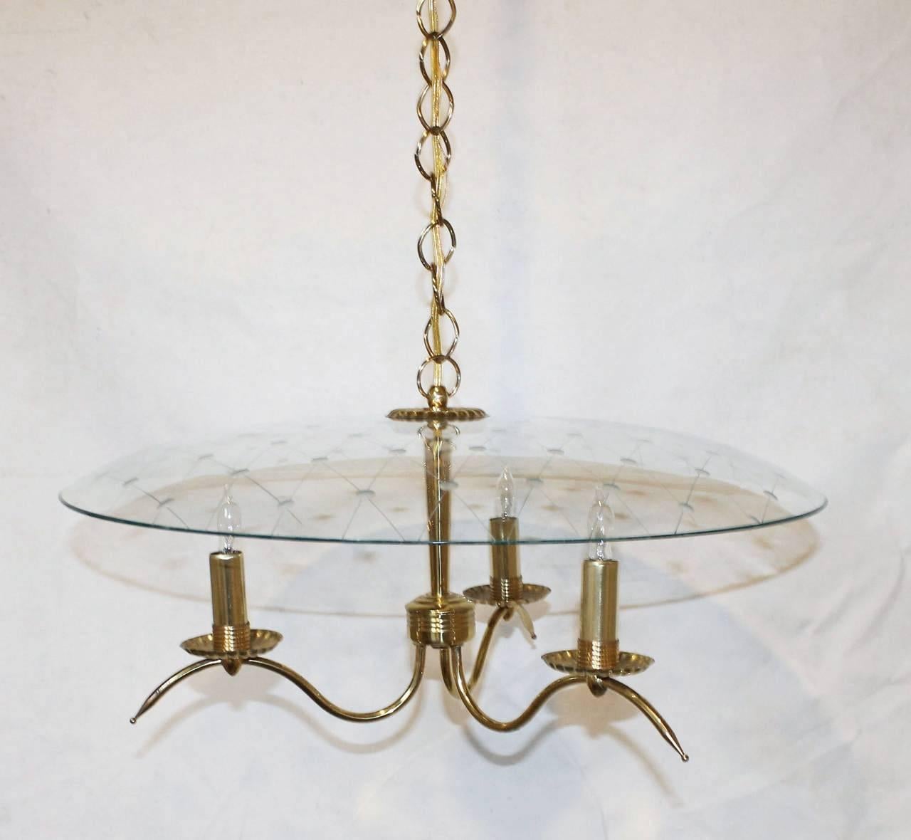Exquisitely designed Italian chandelier with three delicate polished brass arms and a beautiful etched glass canopy in style of Pietro Chiesa for Fontana Arte. Newly wired for US, fixture uses three candelabra base bulbs. Overall height 34