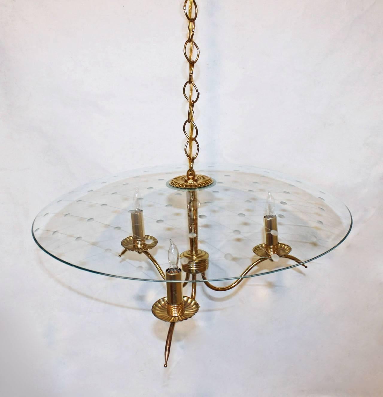 European Exquisite Italian Fontana Arte Style Brass Etched Glass Chandelier For Sale