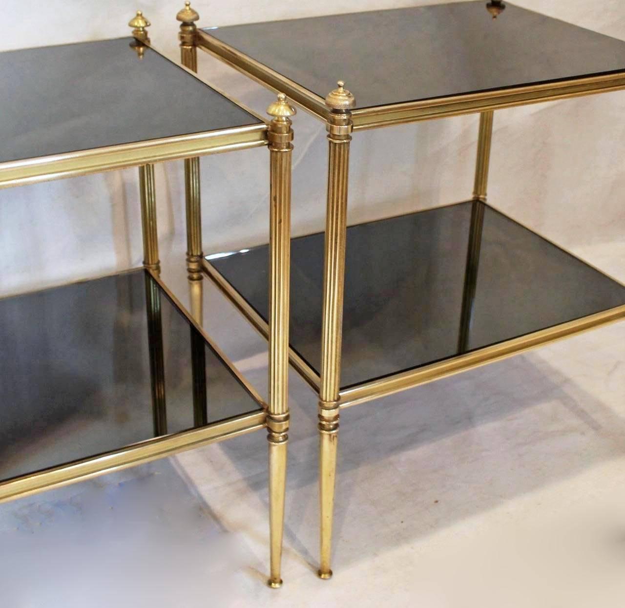 Mid-20th Century Pair of French Two-Tier Brass Side End Tables