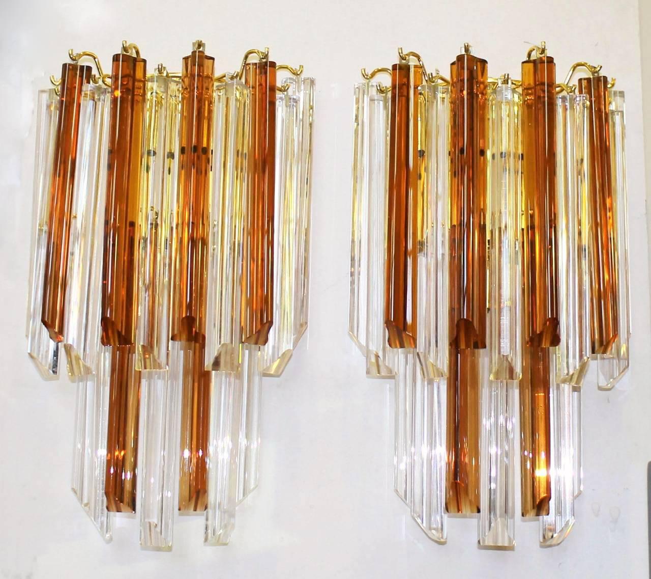 Late 20th Century Pair of Venini Style Triedi Wall Sconces in Sienna and Clear Glass