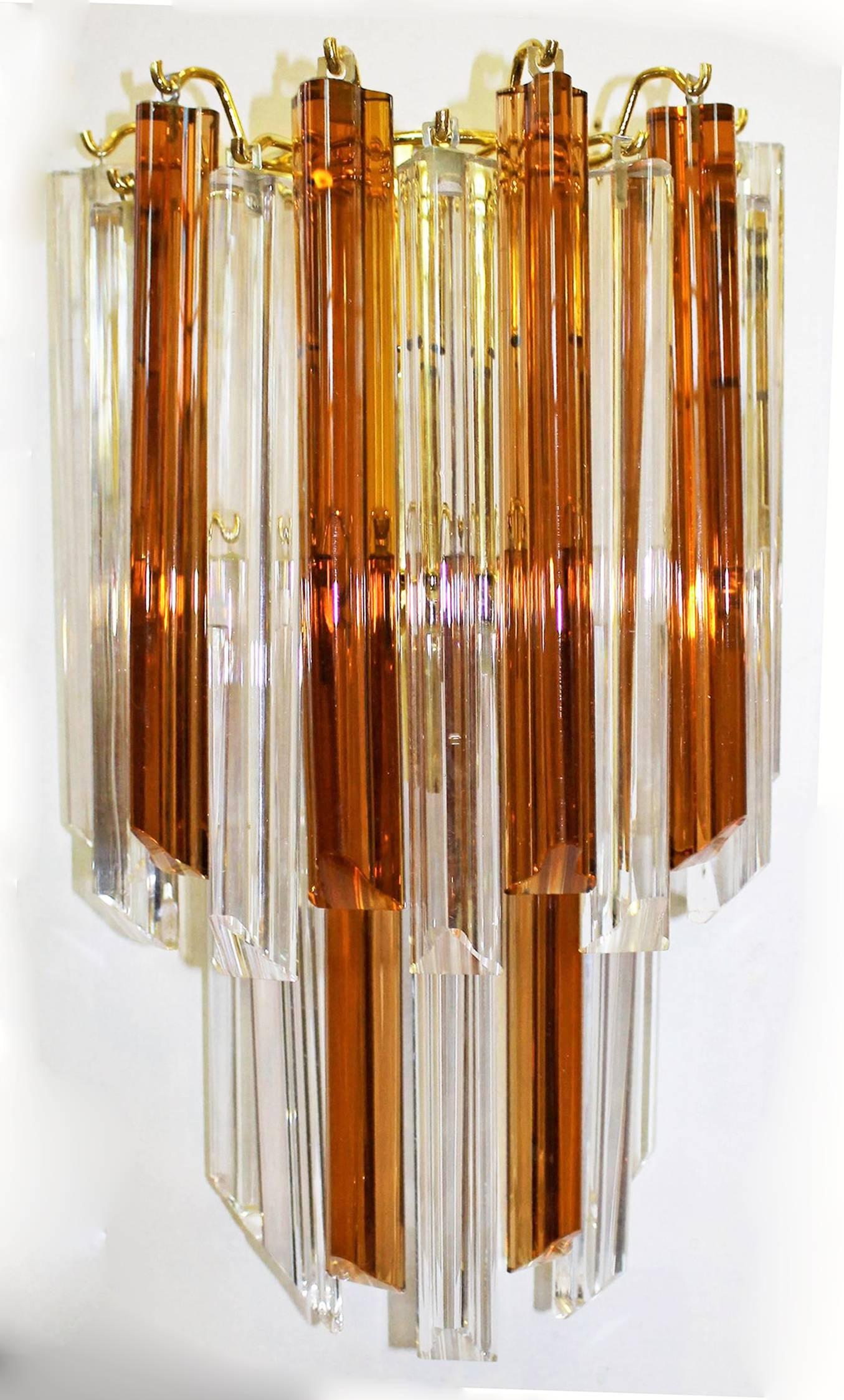 Italian Pair of Venini Style Triedi Wall Sconces in Sienna and Clear Glass