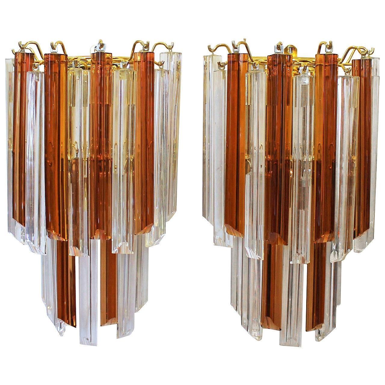 Pair of Venini Style Triedi Wall Sconces in Sienna and Clear Glass 3