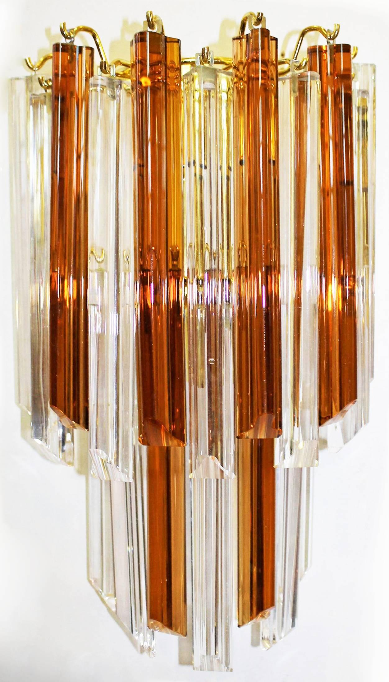 Pair of Venini Style Triedi Wall Sconces in Sienna and Clear Glass 2