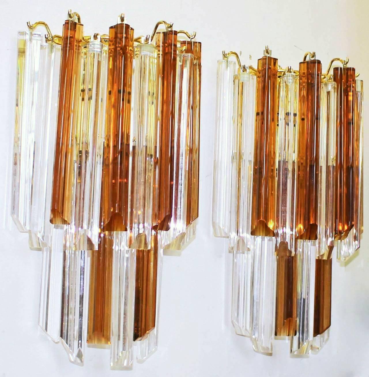 Pair of Venini Style Triedi Wall Sconces in Sienna and Clear Glass In Good Condition In Dallas, TX