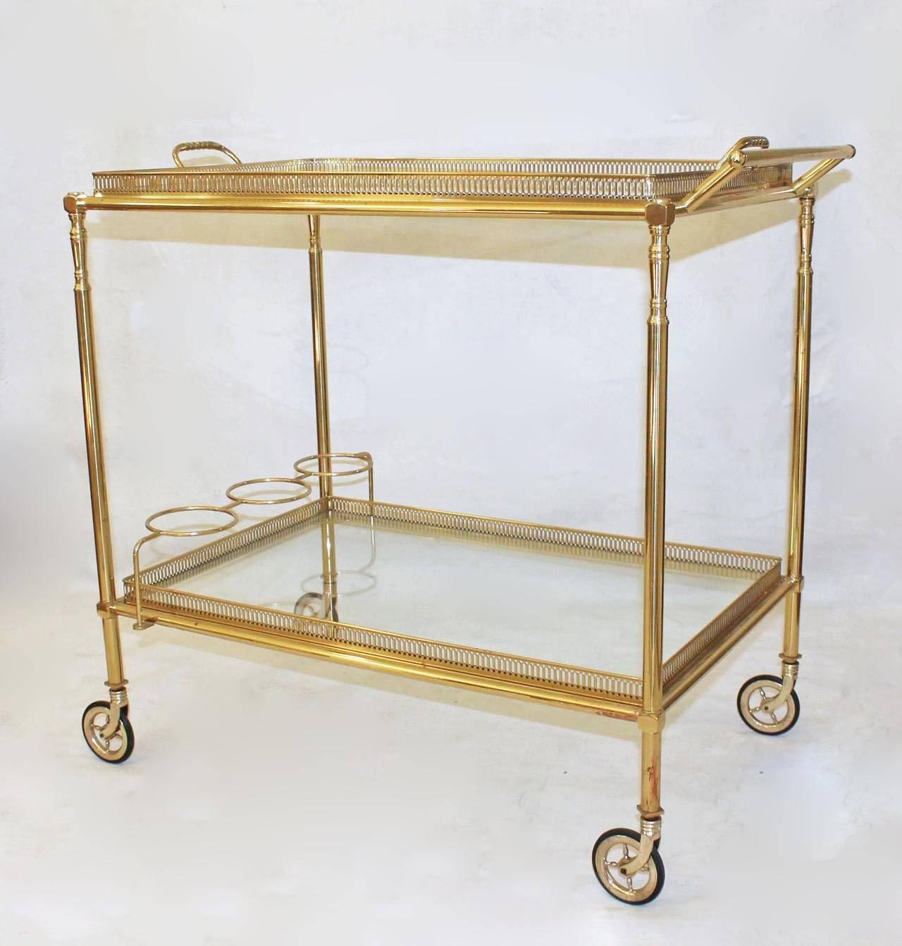 Large French Neoclassic Brass Bar Cart In Excellent Condition In Palm Springs, CA