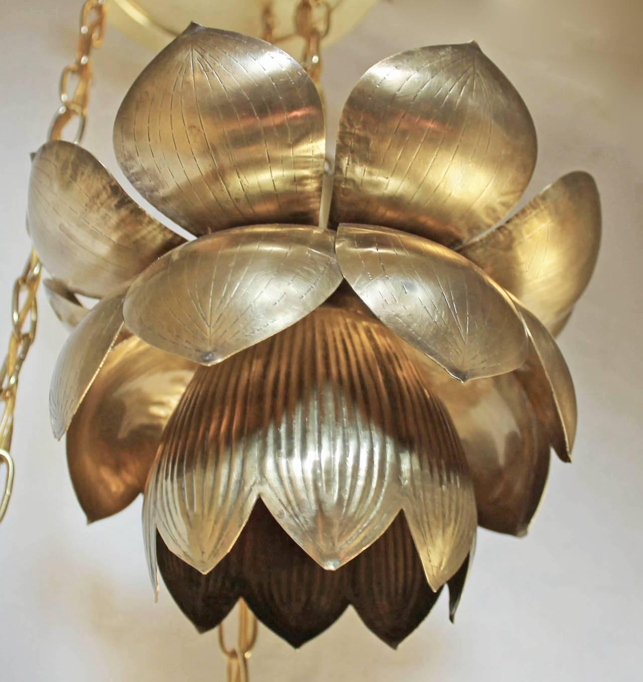 Mid-20th Century Feldman Three Pendant Light Lotus Brass Chandelier