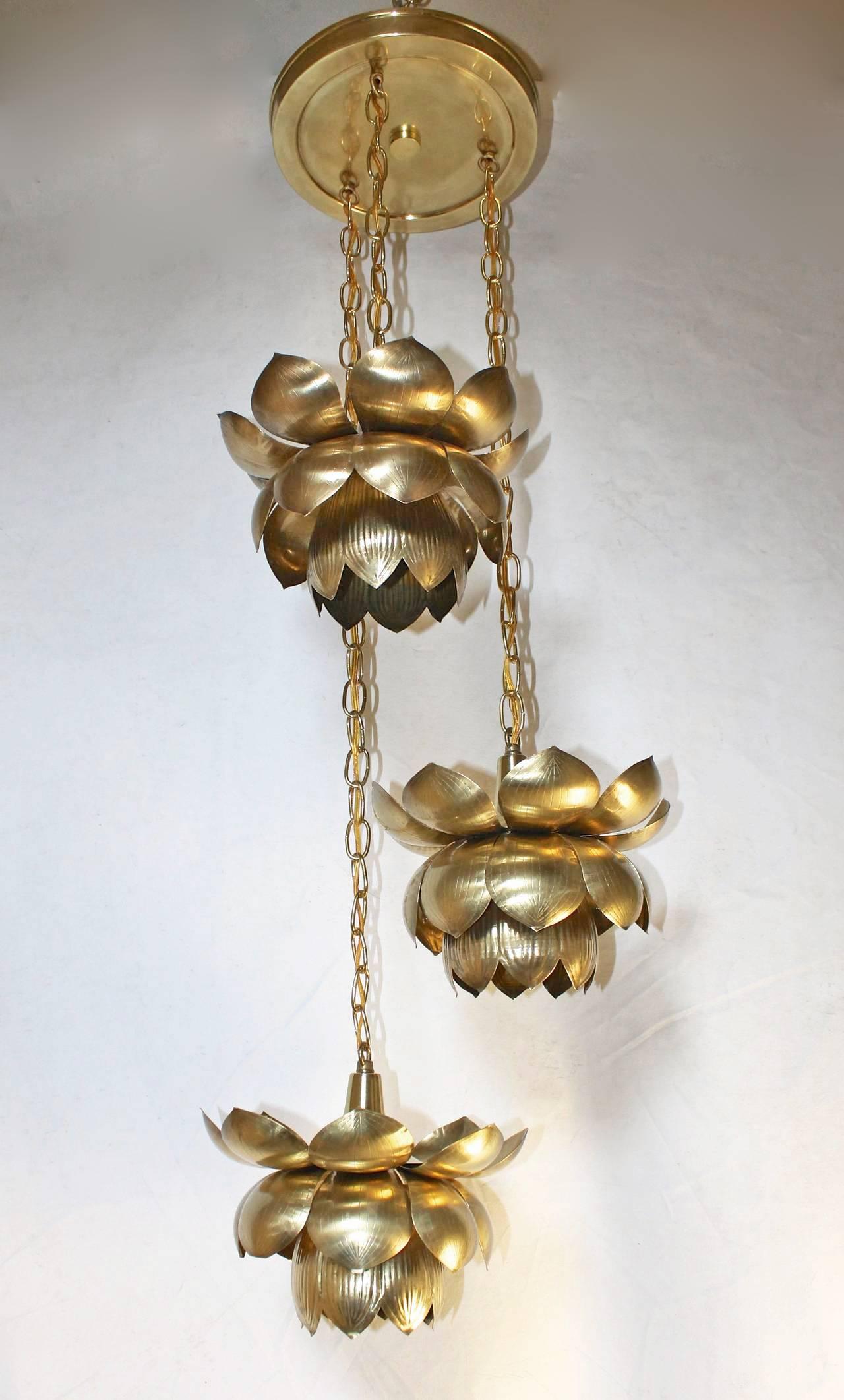 Feldman Three Pendant Light Lotus Brass Chandelier In Good Condition In Palm Springs, CA