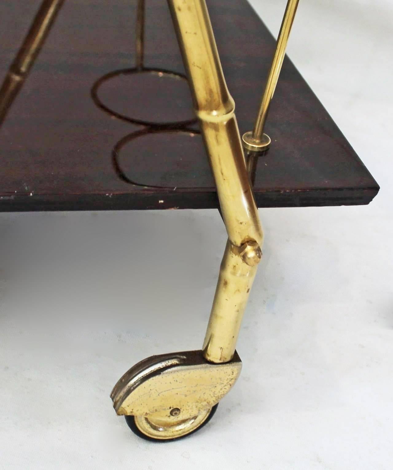 Italian Brass Faux Bamboo and Mahogany Bar Cart 3