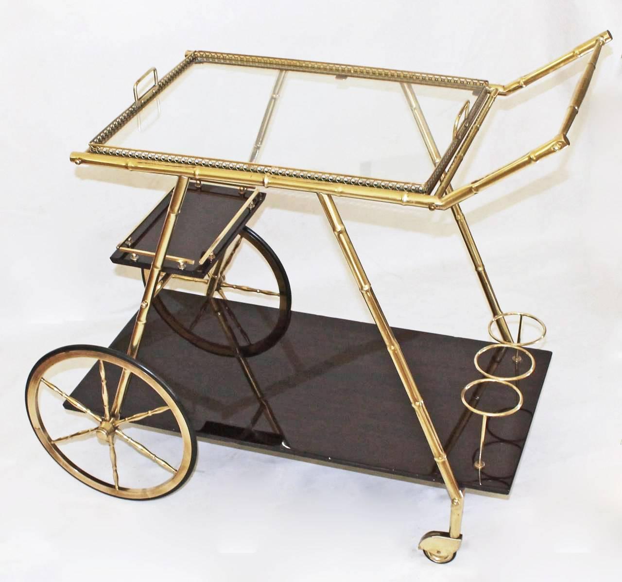 Italian Brass Faux Bamboo and Mahogany Bar Cart In Good Condition In Dallas, TX