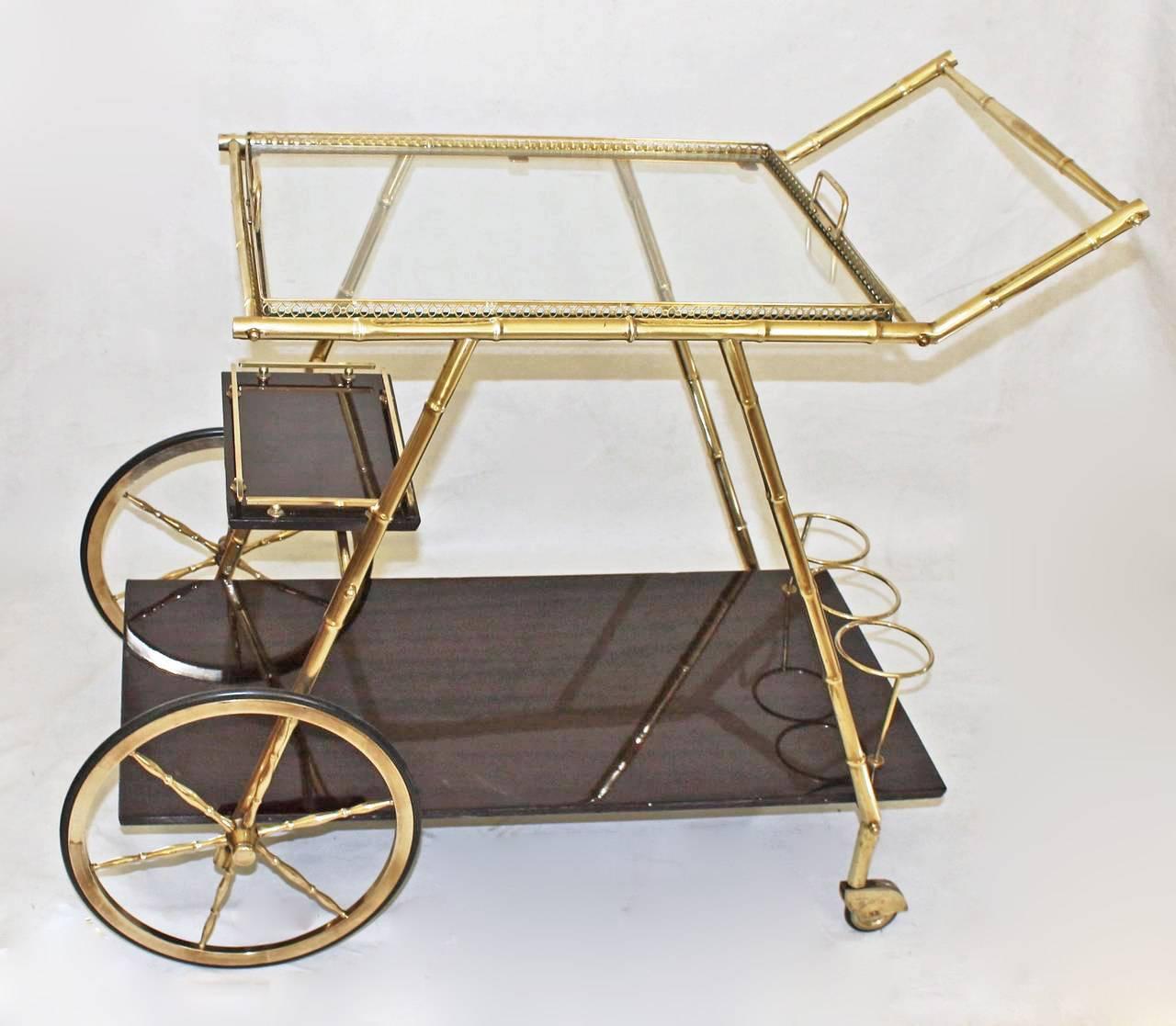 Italian Brass Faux Bamboo and Mahogany Bar Cart 1