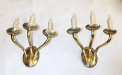 Pair of EF Caldwell Arts and Crafts, Three-Arm Brass Wall Sconces