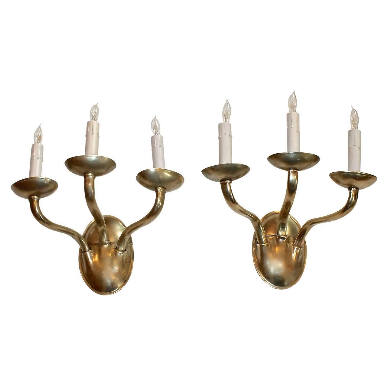 Pair of EF Caldwell Arts and Crafts, Three-Arm Brass Wall Sconces 3