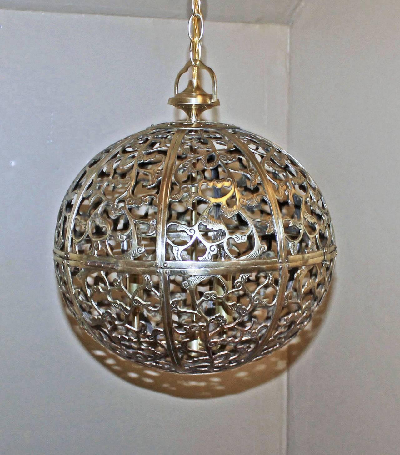 Mid-20th Century Large Pierced Brass Asian Pendant Light