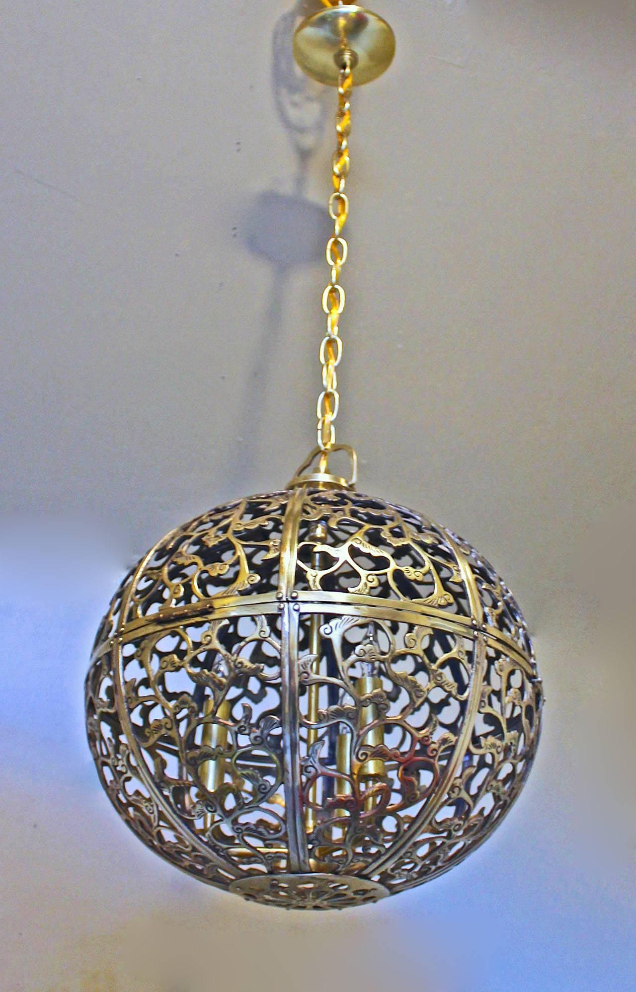 Japanese Large Pierced Brass Asian Pendant Light