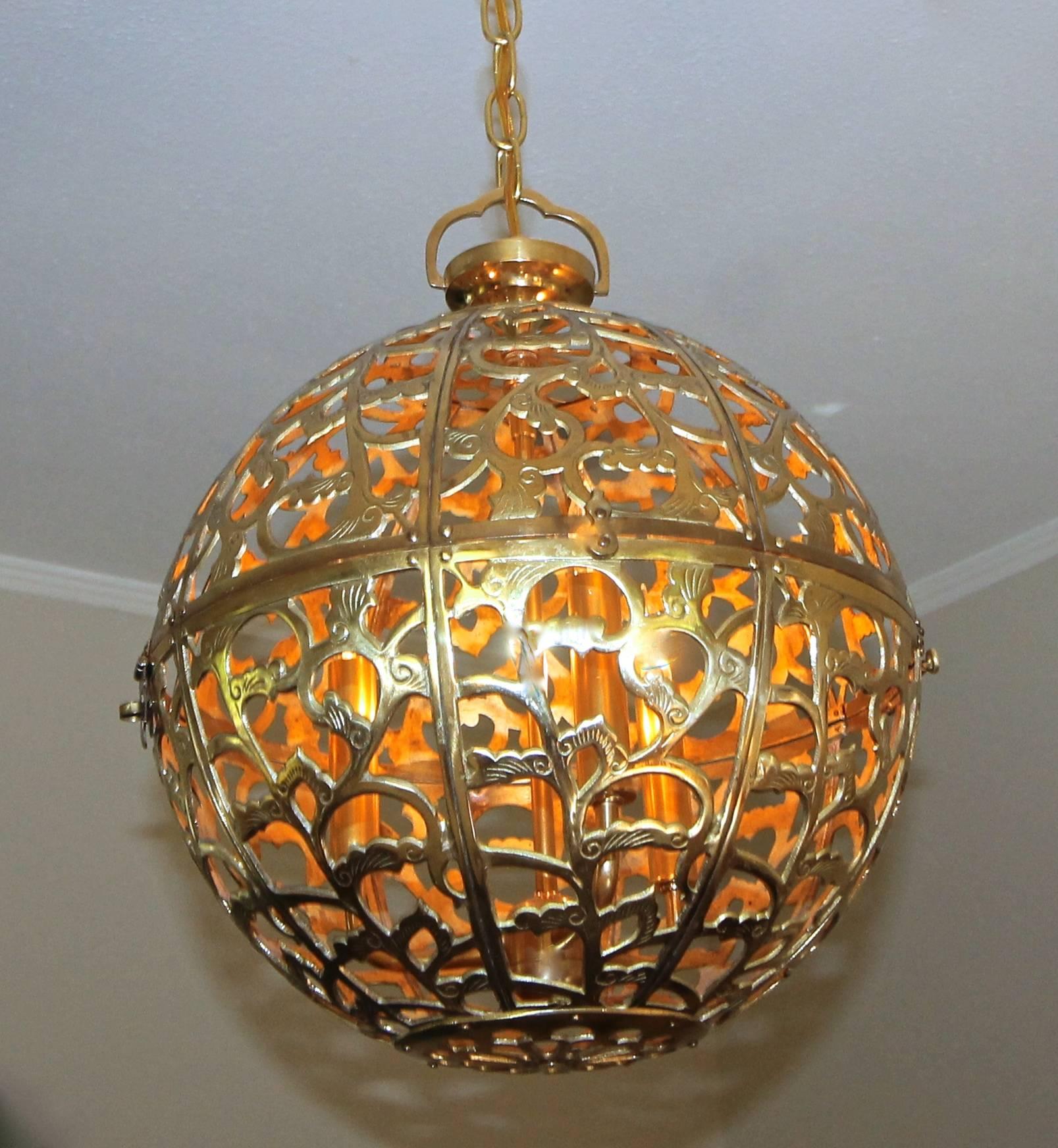 Large Pierced Brass Asian Pendant Light 2