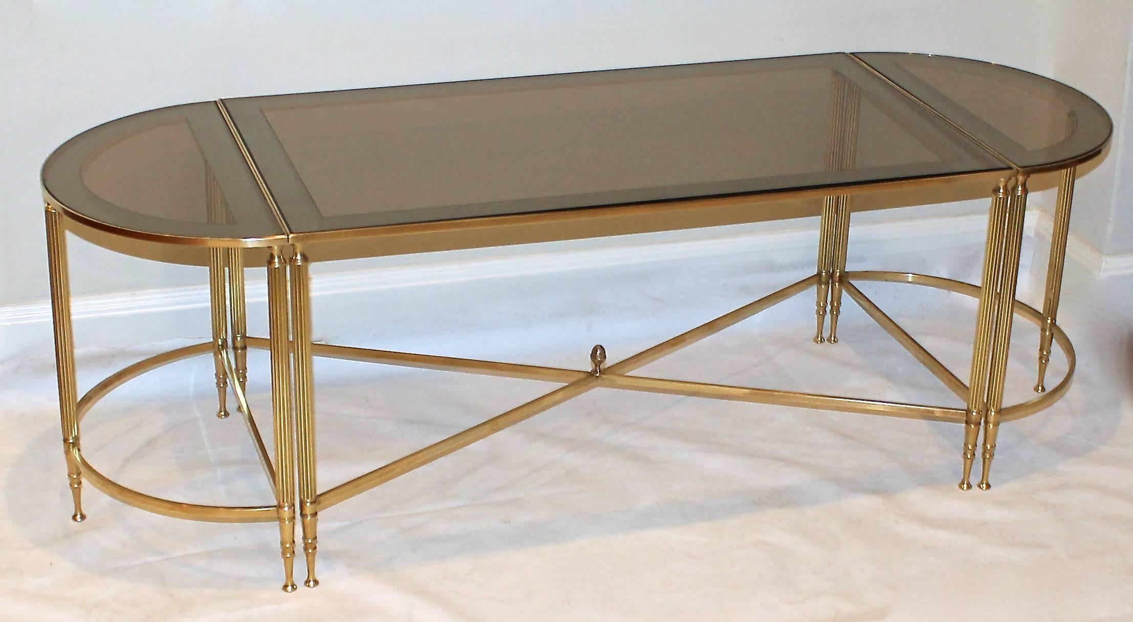 Mid-20th Century French Jansen Style Three-Piece Brass Cocktail Table For Sale