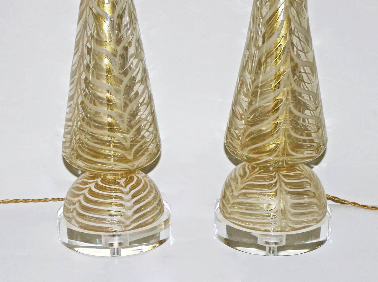 Rare Pair of Ercole Barovier Graffito Gold Murano Lamps 1