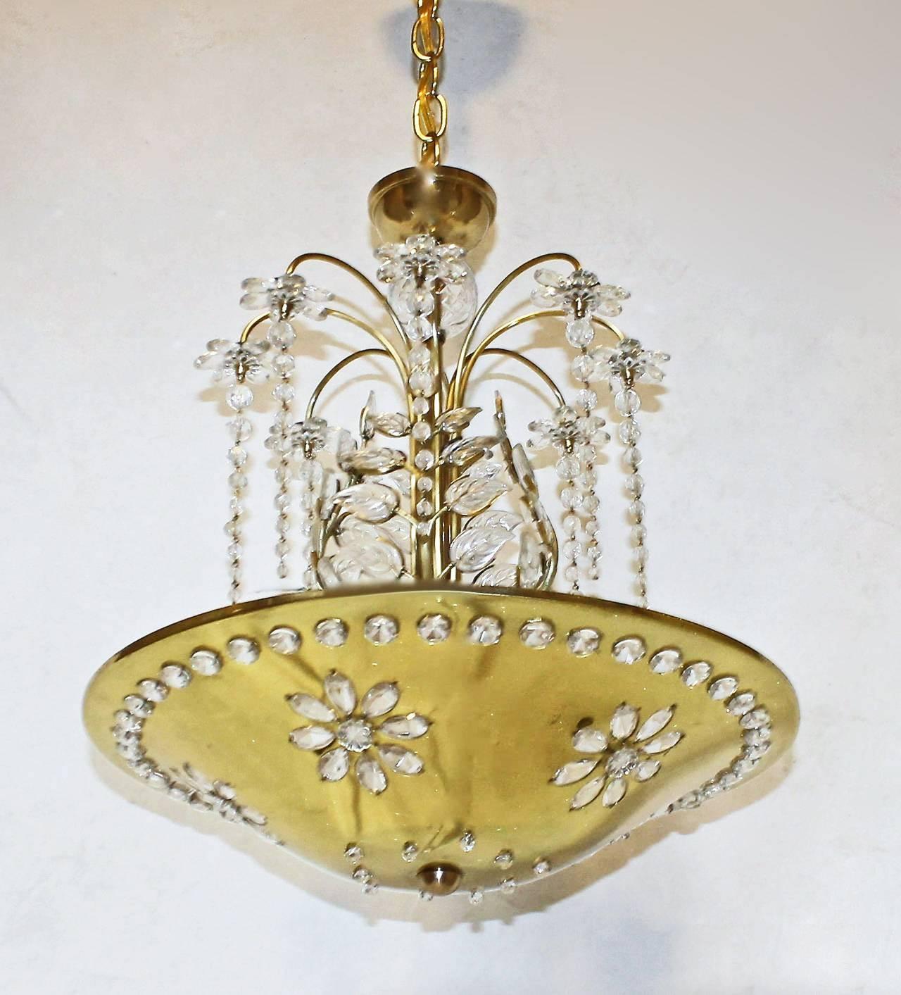 Mid-20th Century Maison Bagues Style Crystal Leaf Chandelier or Pendant Light