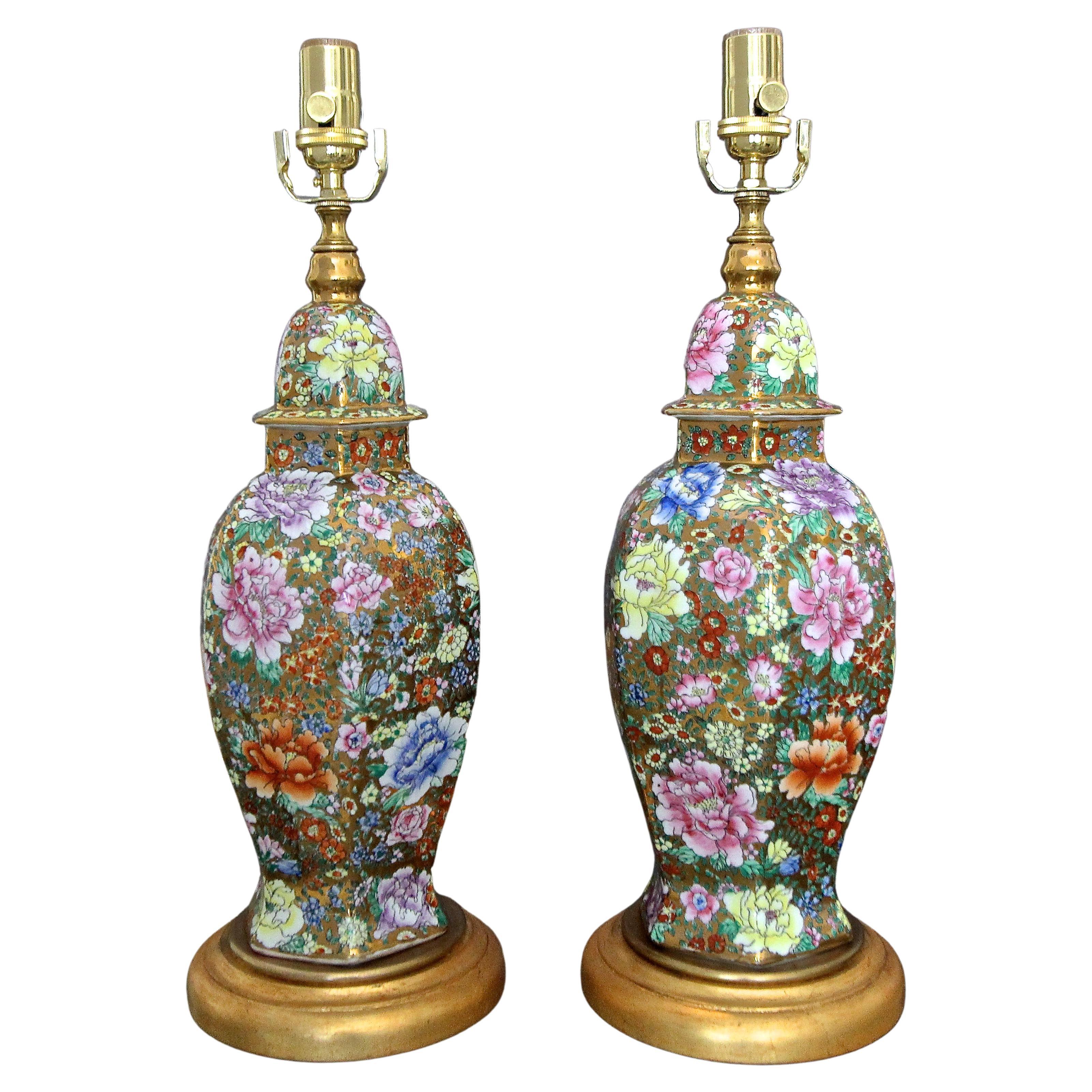 Pair of Chinese Famille Rose Millefleurs Porcelain Vase Table Lamps