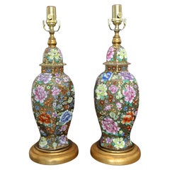 Pair of Chinese Famille Rose Millefleurs Porcelain Vase Table Lamps
