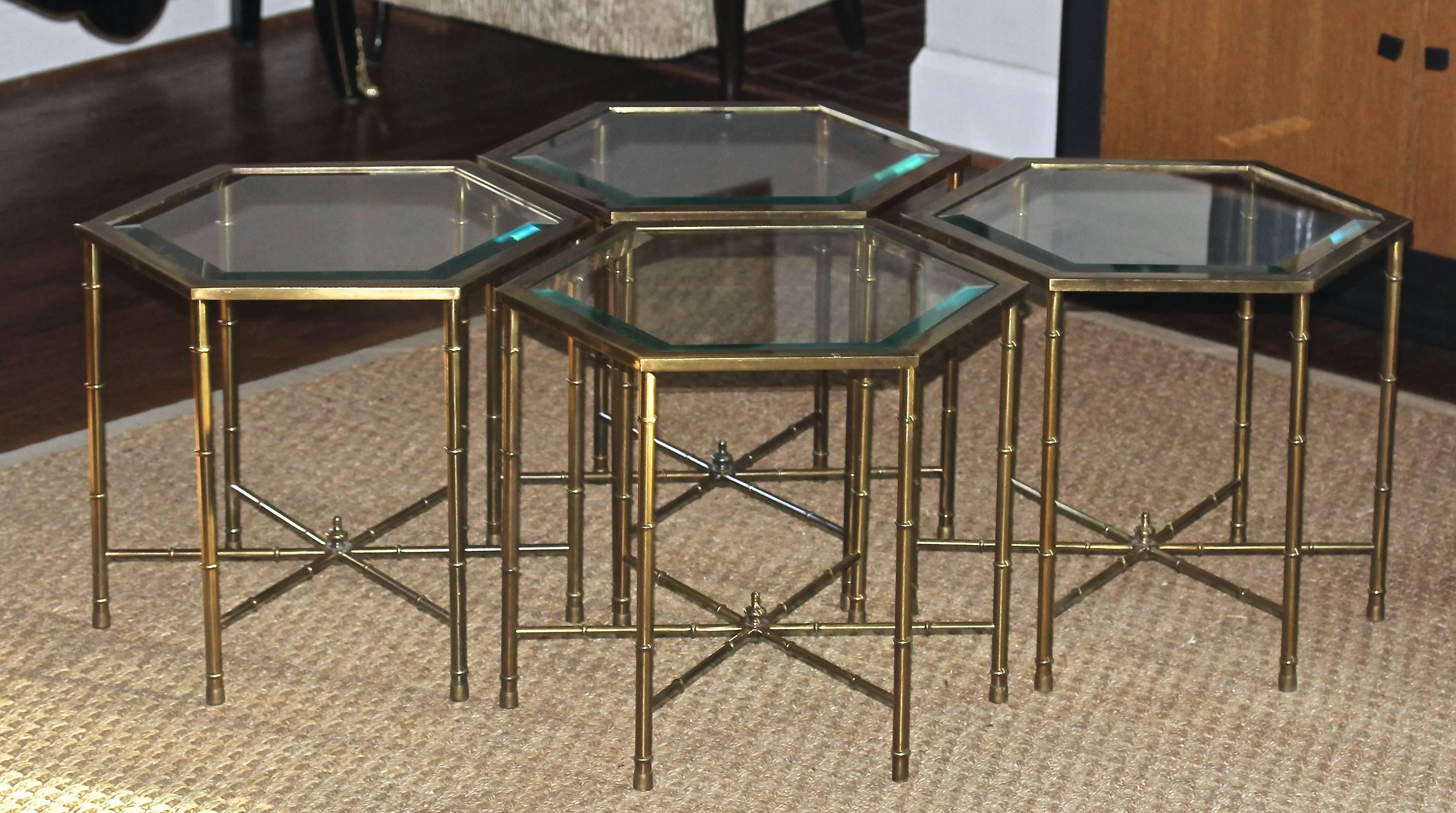 Four Mastercraft Faux Bamboo Hexagonal Brass Side Tables 5