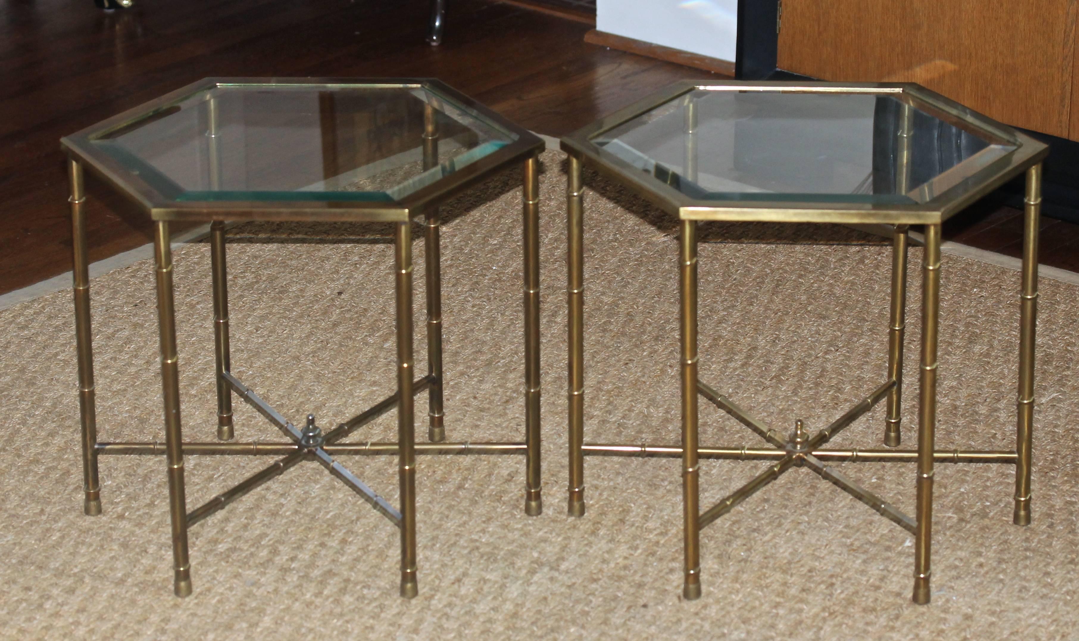 American Four Mastercraft Faux Bamboo Hexagonal Brass Side Tables