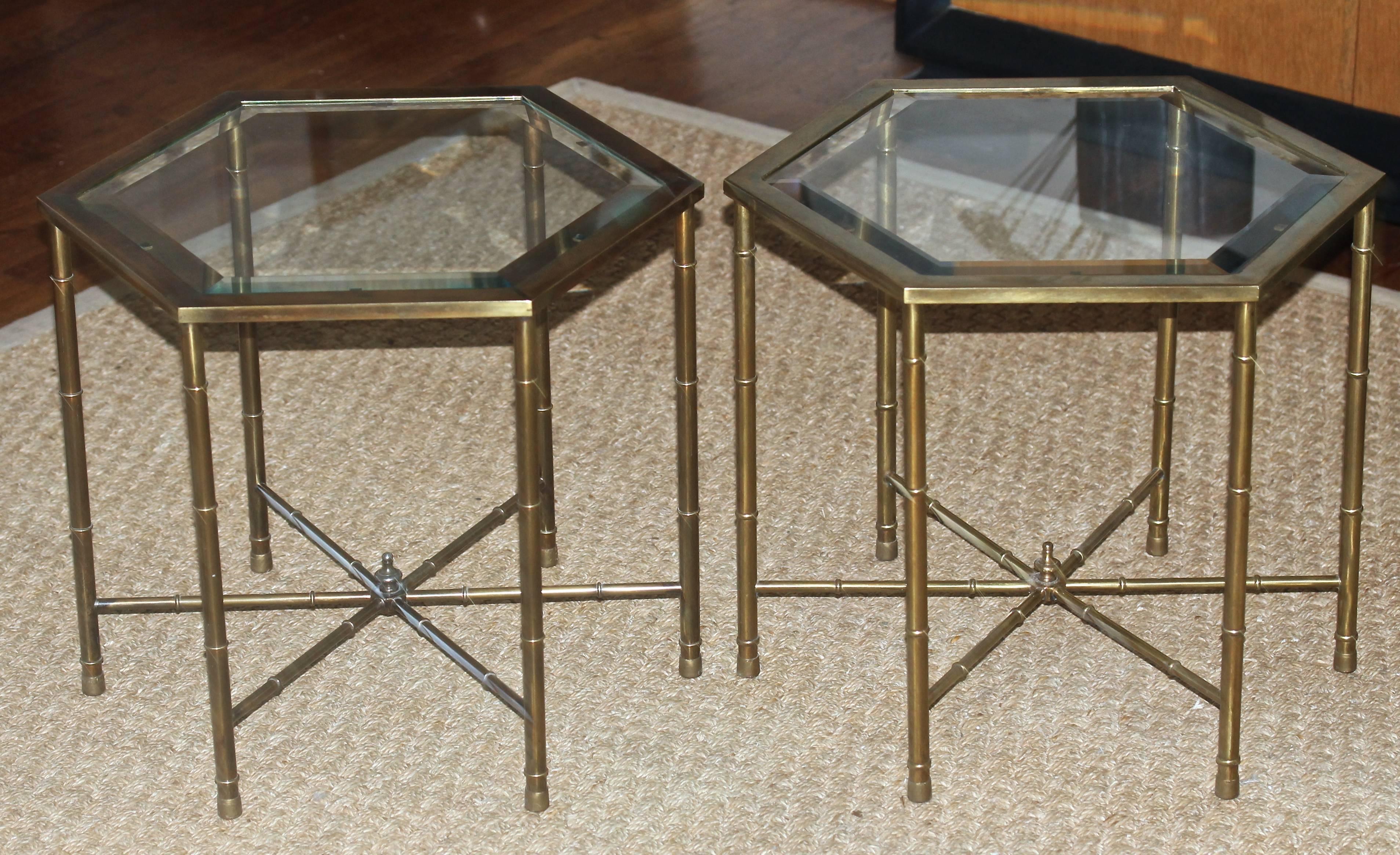 Four Mastercraft Faux Bamboo Hexagonal Brass Side Tables 1