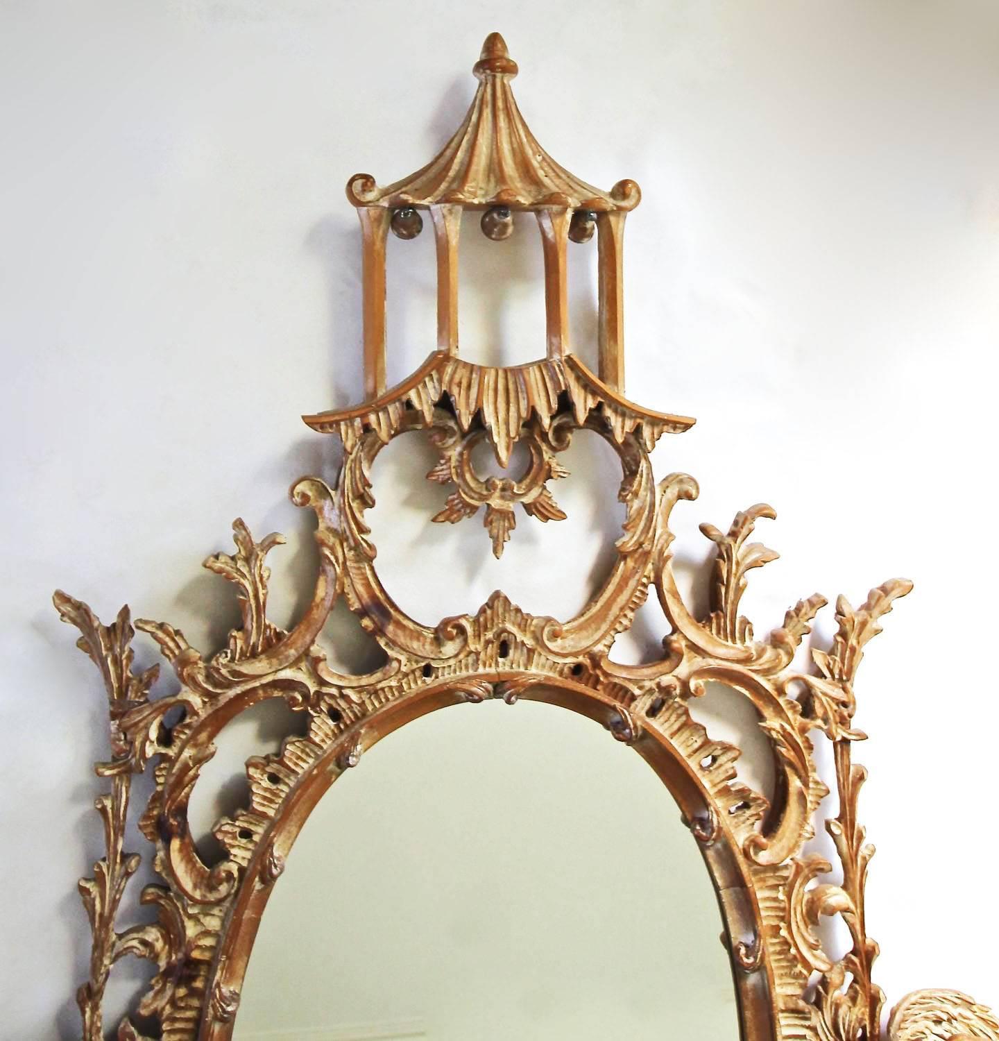 Carved Wood Chinese Chinoiserie Chippendale Style Pagoda Mirror For