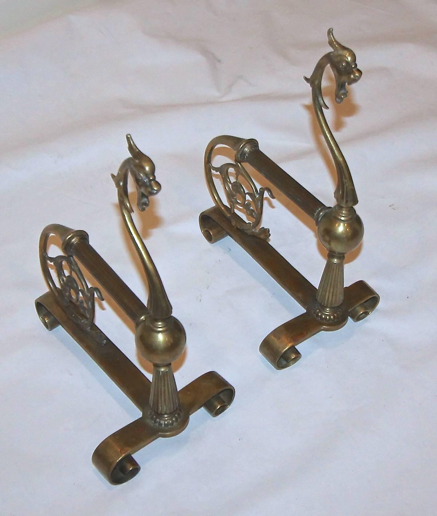 Pair of French Brass Gothic Style Andirons In Good Condition In Palm Springs, CA